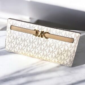 Michael Kors Beige and Gold Logo Clutch